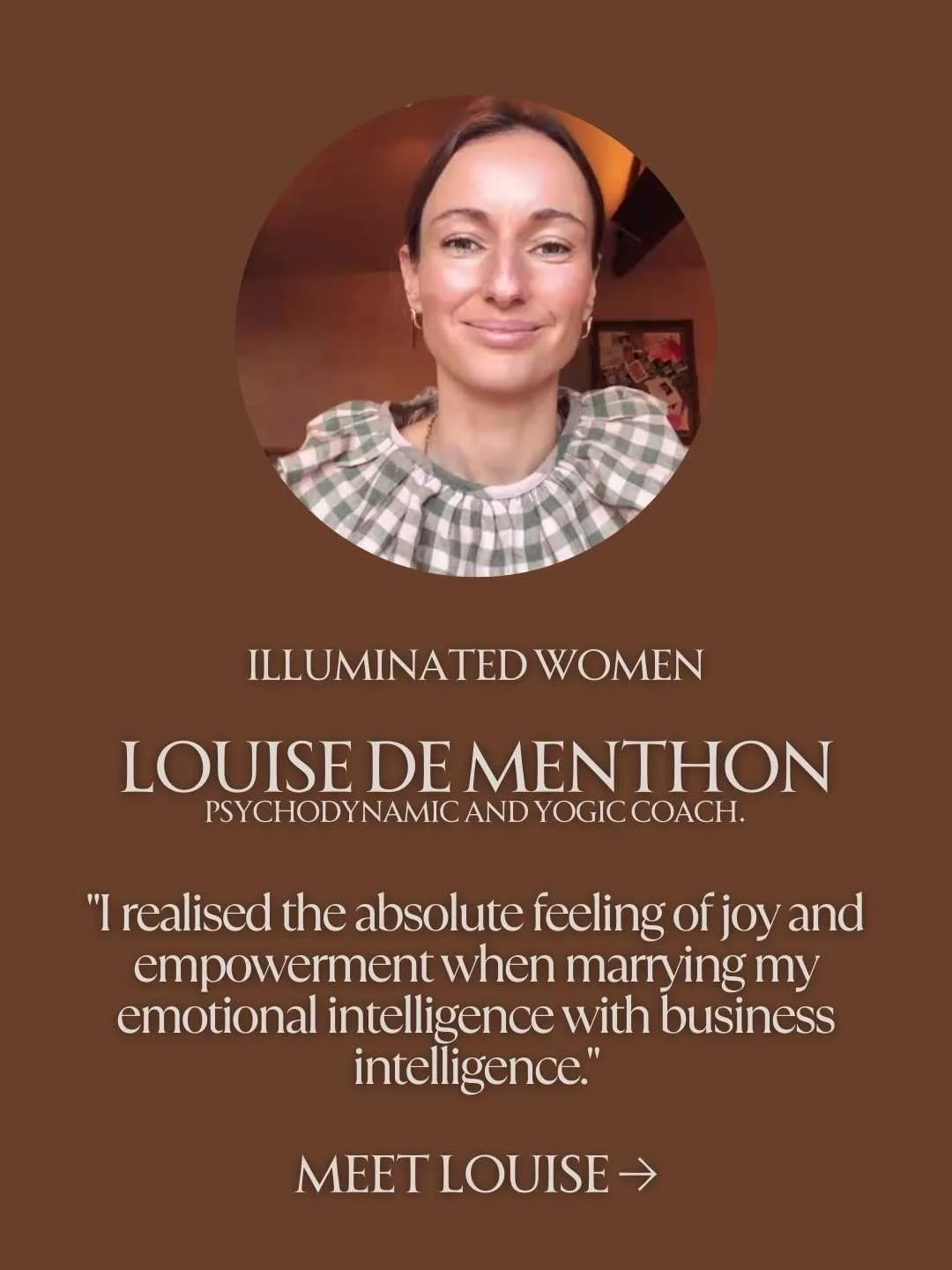 ILLUMINATED WOMEN: Louise de Menthon @louise_dementhon 

Already successful. Already leading. But unconscious patterns were still running her business.

It was such a privilege to coach Louise, a gifted coach, retreat leader and yoga teacher mentor. 