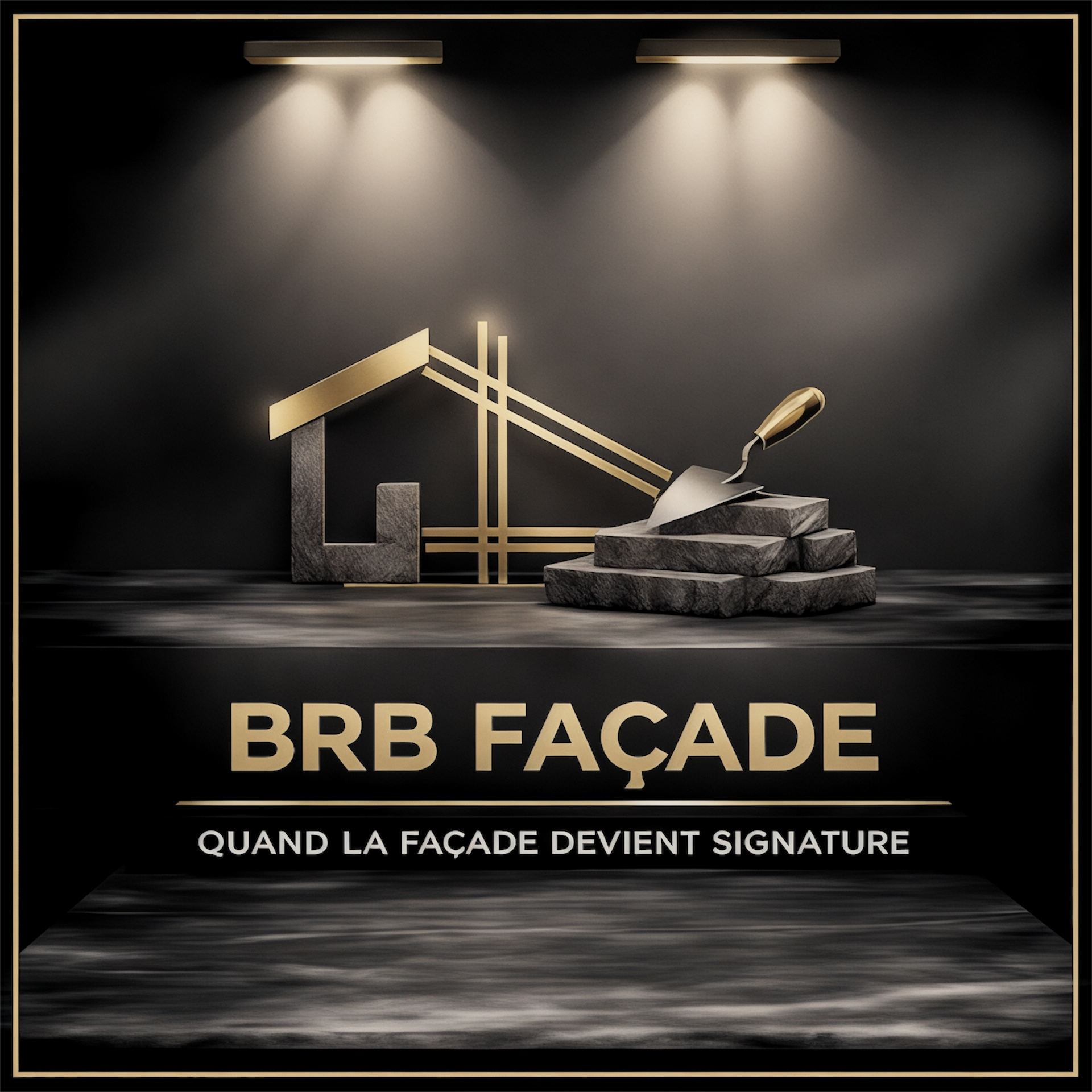 Une façade moderne en pierre avec des lampes encastrées éclairant un panneau indiquant 'BRB FAÇADE'. En dessous, un texte en français 'QUAND LA FAÇADE DEVIENT SIGNATURE'.