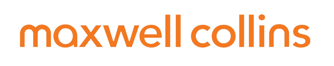 Maxwell Collins logo with orange and white text on black background