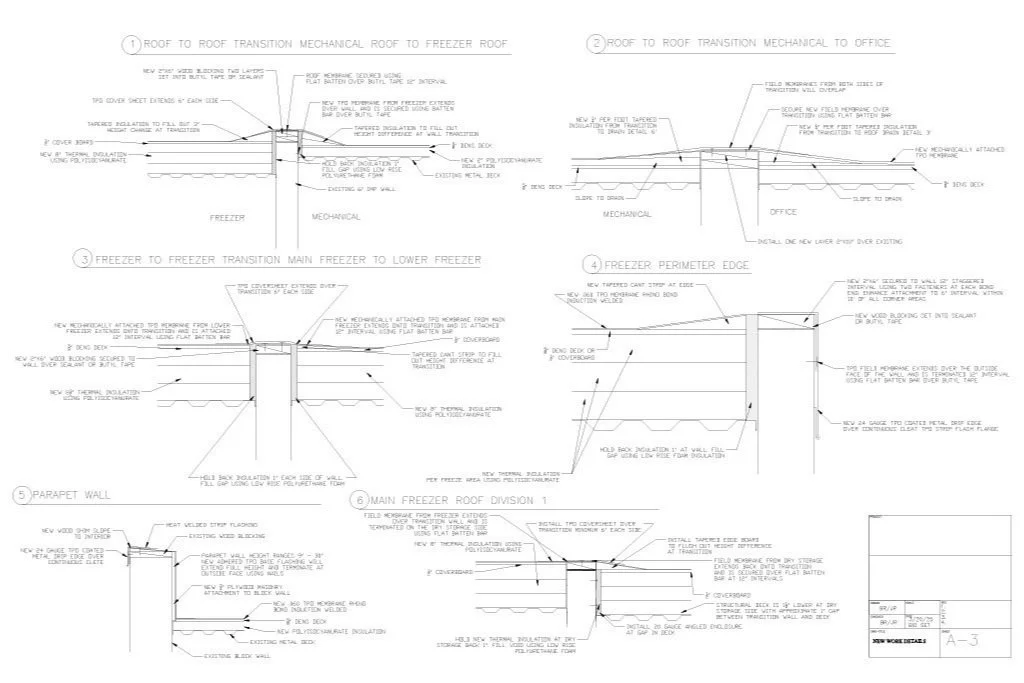 Detailed technical blueprint of roof and freezer transition and insulation for a building.