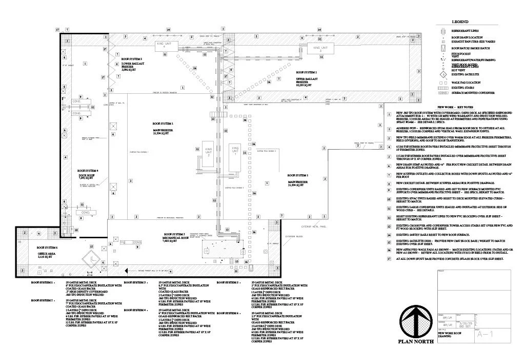 Architectural blueprint of a roof structure with detailed notes, legends, and layout of roof systems, including insulation, metal decks, and various roofing materials.