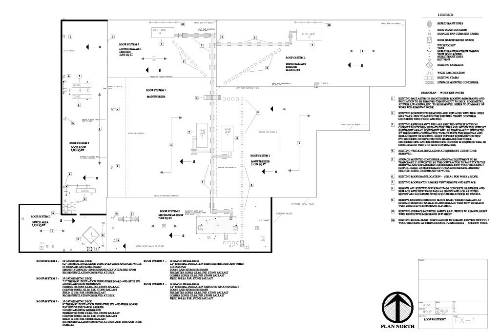 Architectural roof plan showing different roof systems, structural elements, and notes, with a legend for symbols and a north directional arrow.