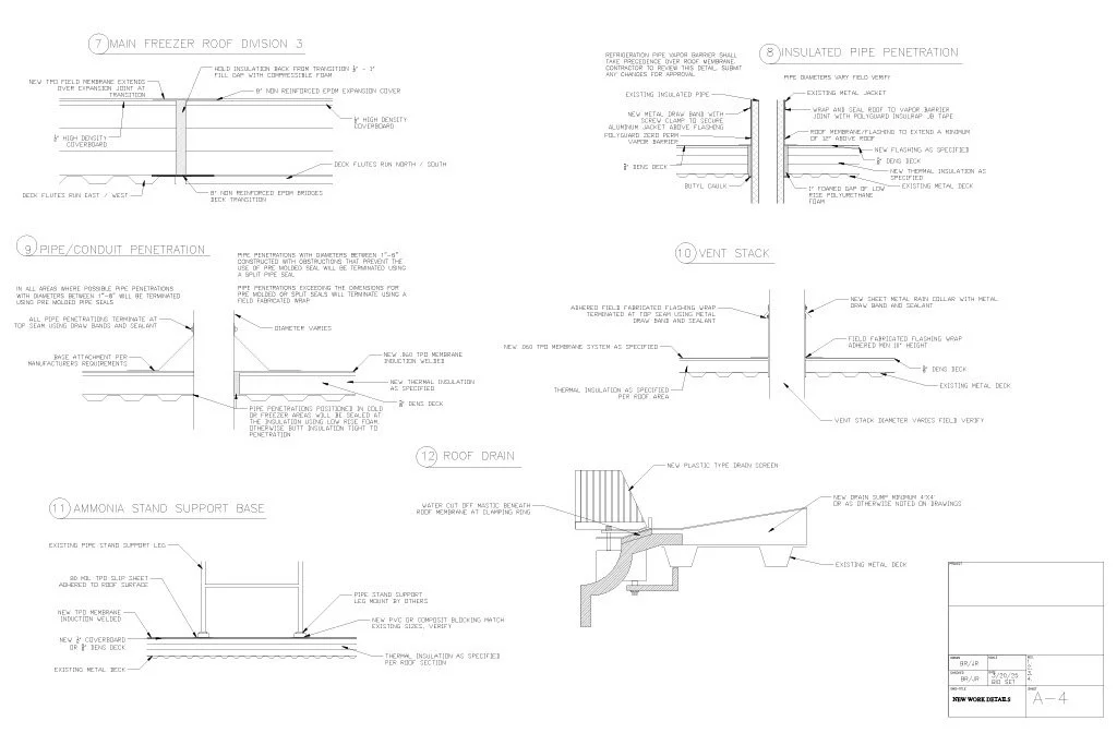 Architectural technical drawing of a roof structure detailing insulation, pipe penetration, roof drain, vent stack, and support base components with annotations.