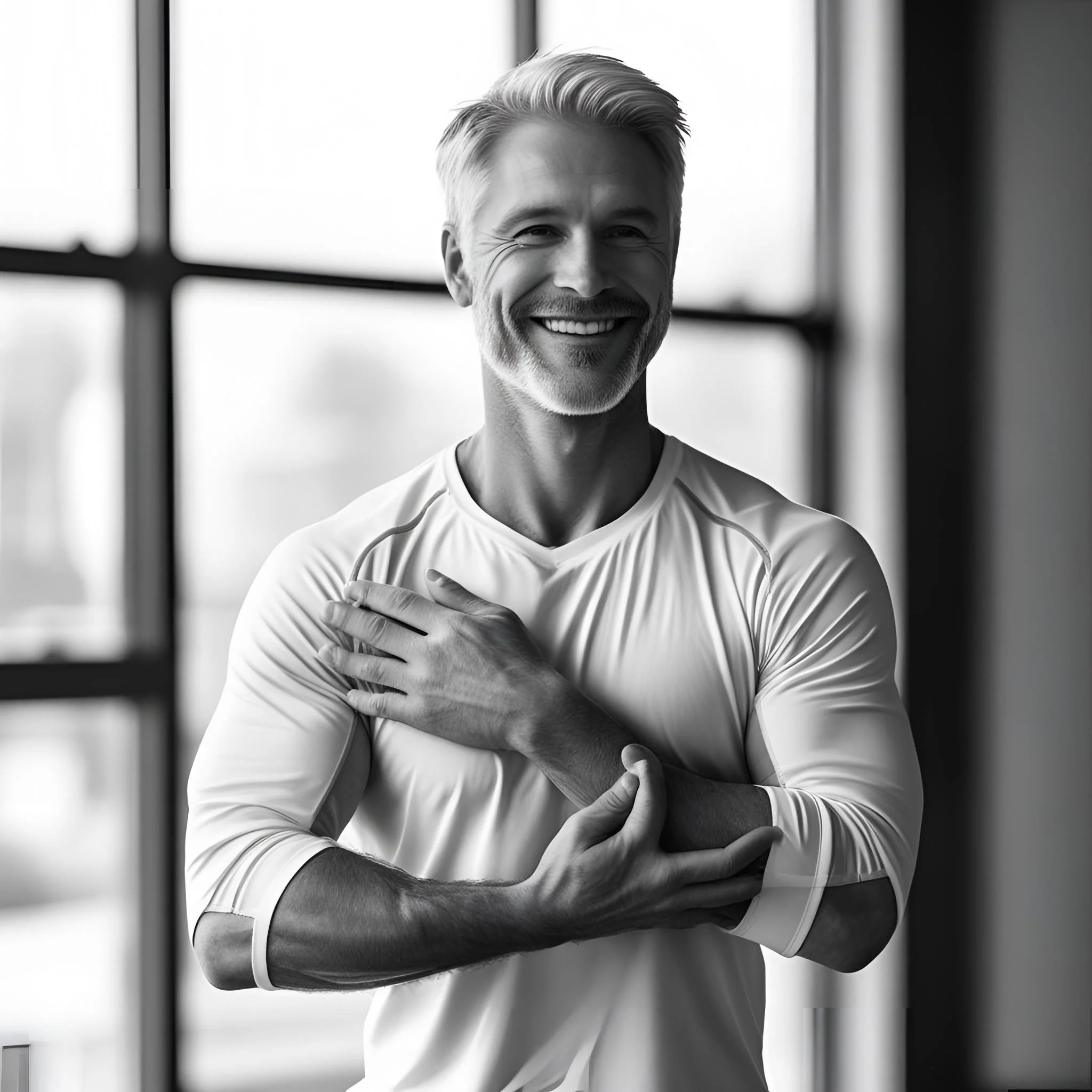 Black and white photo of a smiling man with his arms crossed, standing near a window.