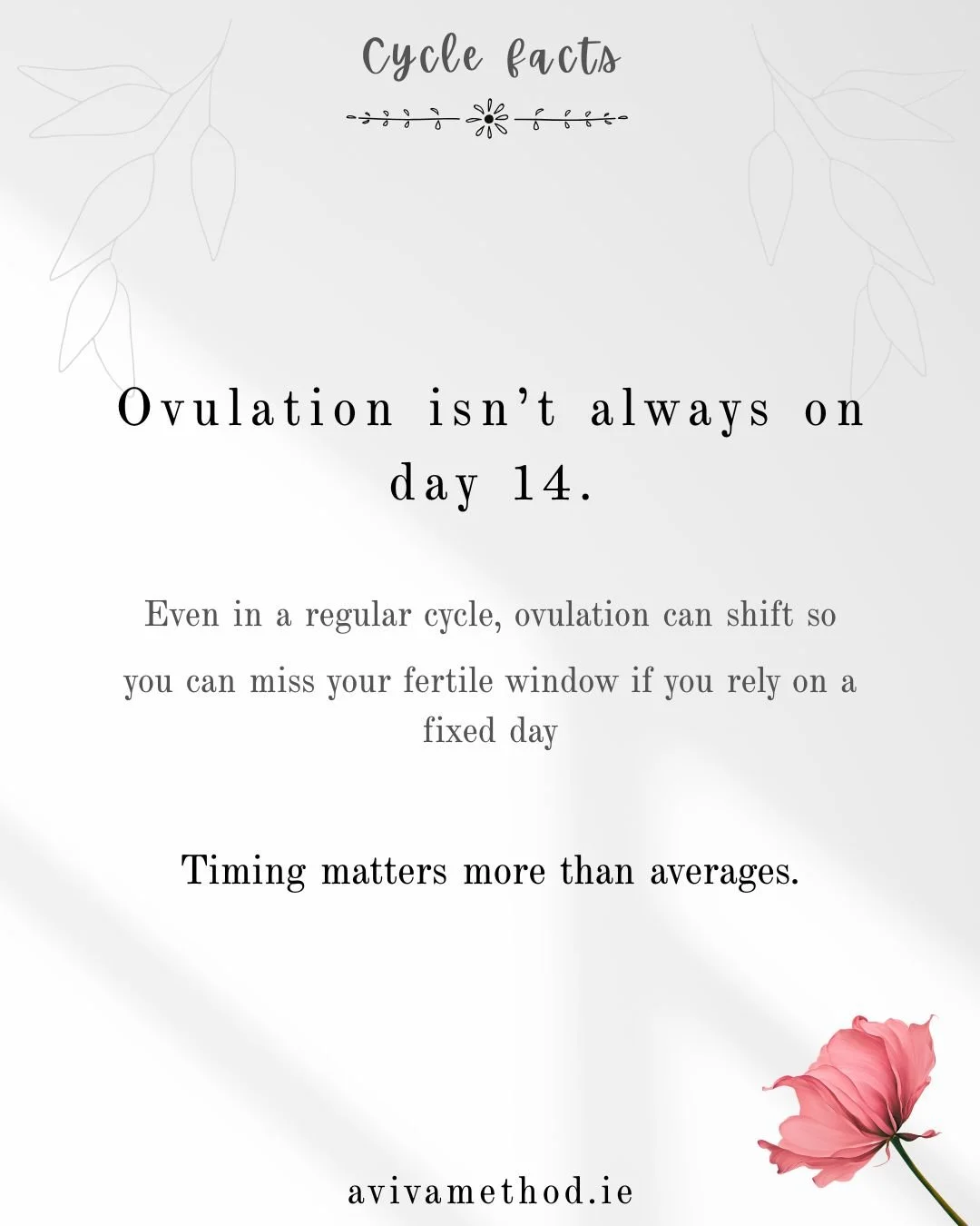 Ovulation doesn&rsquo;t follow a fixed rule, even in a &ldquo;regular&rdquo; cycle.
The commonly mentioned day 14 is just an average, not a guarantee.
Relying on it can mean missing your actual fertile window.

#CycleFacts #OvulationFacts #CycleHealt