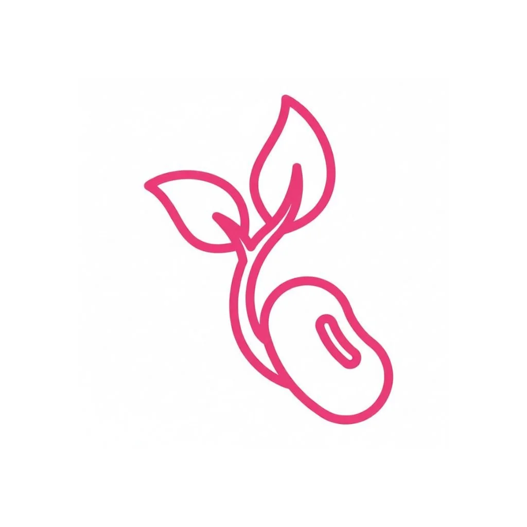 Simple pink line drawing of a bean with two leaves growing from it.