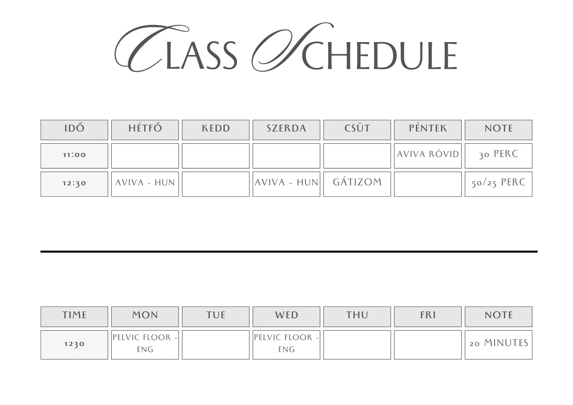 A digital class schedule template with the title 'Class Schedule' in cursive at the top. It has rows and columns labeled for days and times, with entries for classes on Monday and Tuesday, including names and durations.