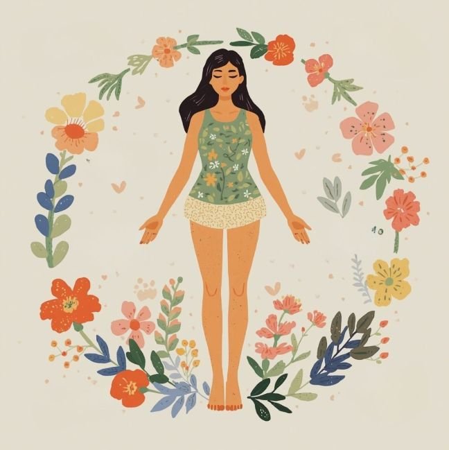 An illustration of a woman with long black hair, wearing a green floral tank top and beige shorts, surrounded by a circular border of colorful flowers and leaves.