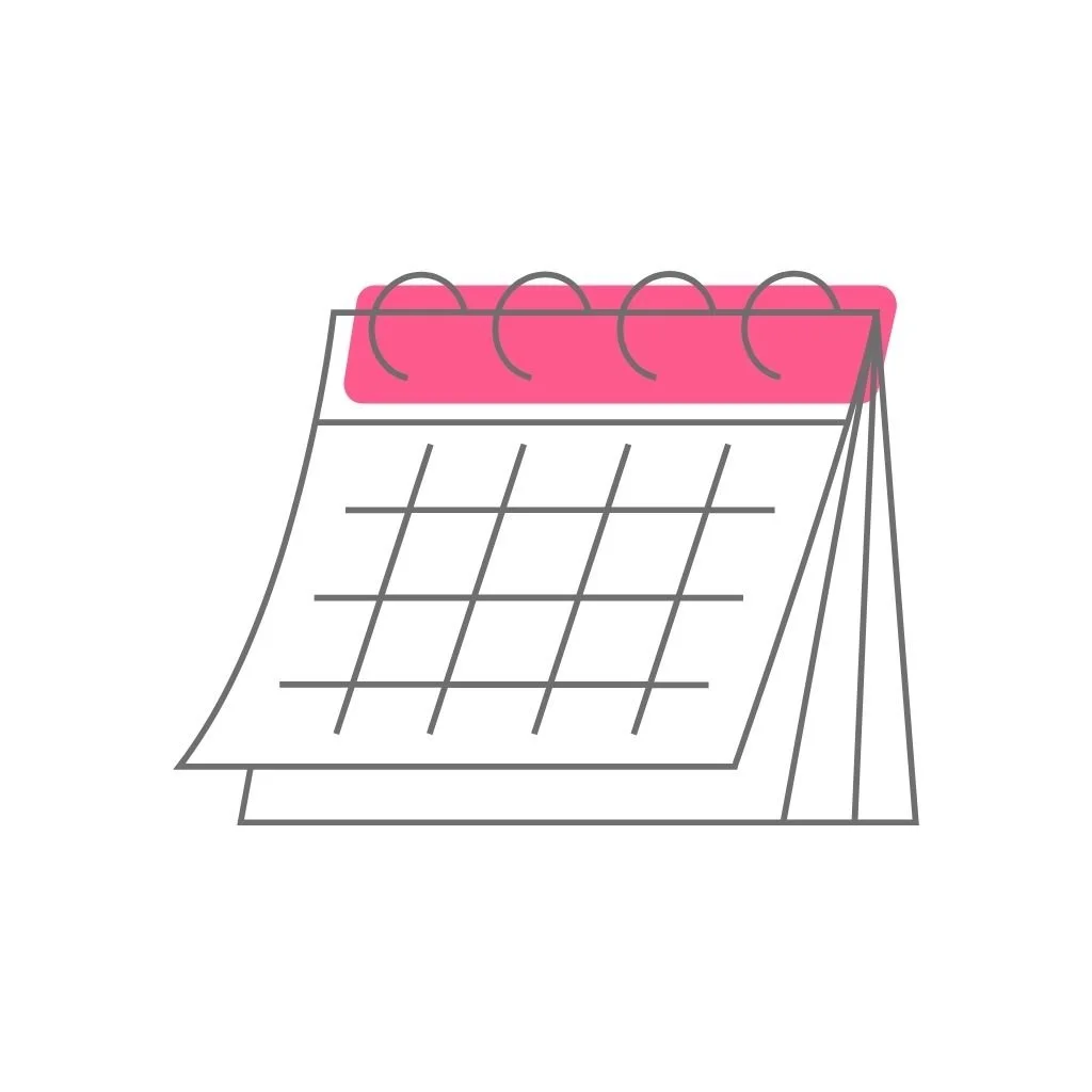 Illustration of a desk calendar with a pink header and blank grid pages for dates.