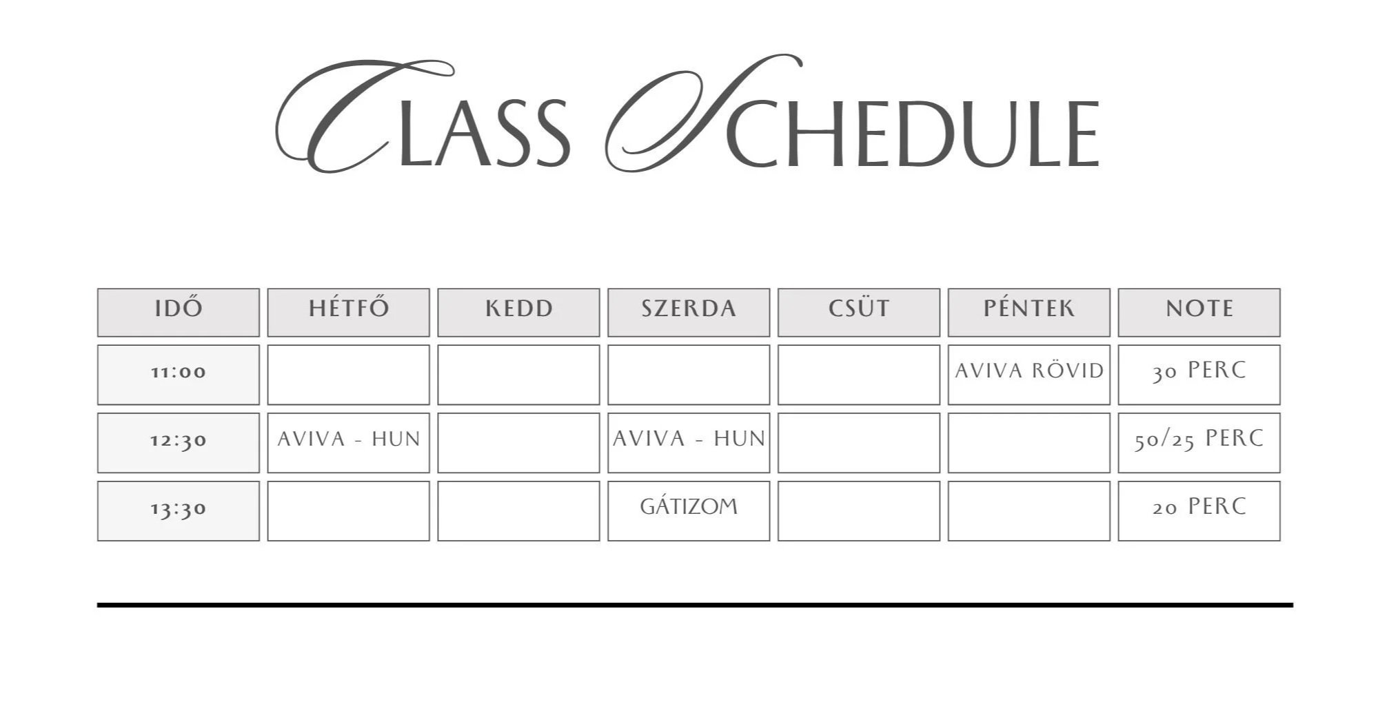 Class schedule with days of the week and times, including Hungarian course titles and durations.