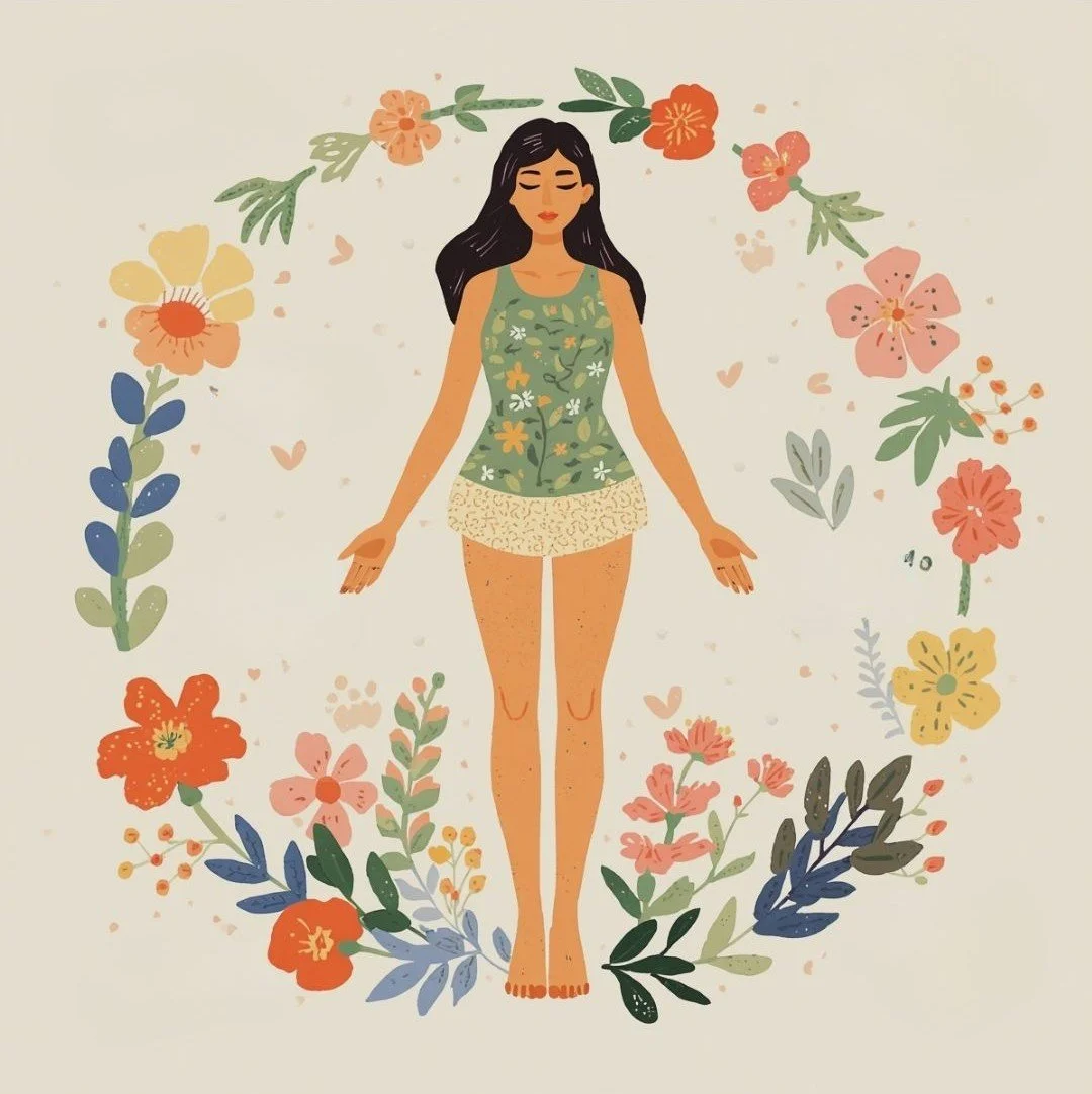 A woman standing with arms outstretched, surrounded by a semi-circle of colorful flowers and leaves. She has long black hair, closed eyes, and wears a green top with floral patterns and beige shorts.
