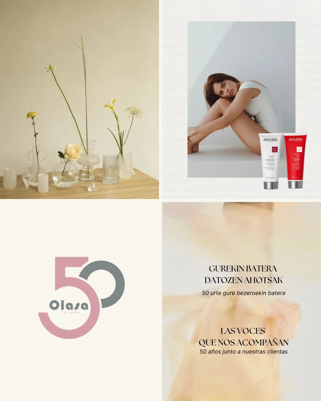 Cuatro secciones con diferentes elementos: en la esquina superior izquierda, vaso con flores secas y velas; en la esquina superior derecha, una mujer joven en postura de descanso junto a dos tubos de crema facial; en la parte inferior izquierda, un logo que dice 'Ola' con el número 50; en la parte inferior derecha, texto en español que menciona 50 años de apoyo y acompañamiento a las clientas.
