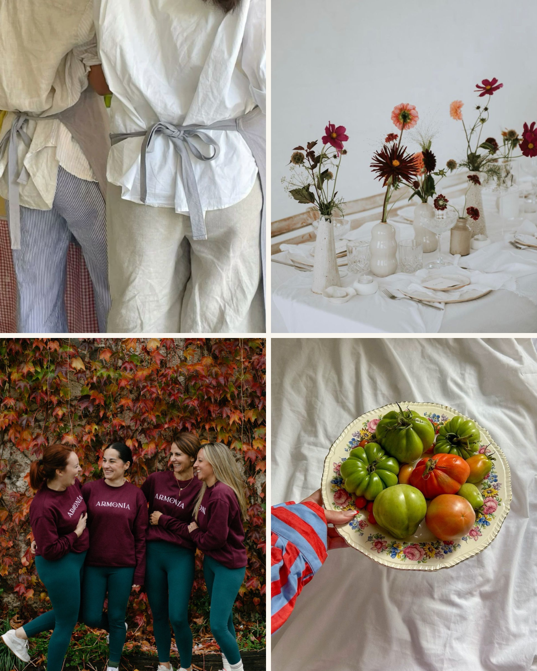 Cuatro imágenes, una de personas con ropa de colores neutros, otra de un arreglido mesa con flores, otra de cuatro mujeres con suéteres burdeos con la palabra 'Armonía' en un fondo de hojas rojas, y otra de un plato con varios tomates verdes y uno rojo.
