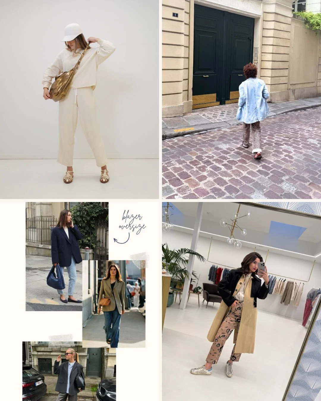 Collage de cinco fotos de diferentes estilos de moda. La primera muestra una mujer con atuendo blanco, gorra blanca, y bolsa dorada. La segunda foto muestra a una mujer con abrigo de mezclilla en una calle de piedra. La tercera tiene varias fotos de mujeres con ropa de oficina y casual en exteriores, con notas escritas y flechas. La cuarta muestra a una mujer con blazer oscuro y pantalón de mezclilla en una calle urbana. La quinta muestra a una mujer con chaqueta negra, camiseta beige, pantalones con estampado y zapatos deportivos en un probador de ropa.