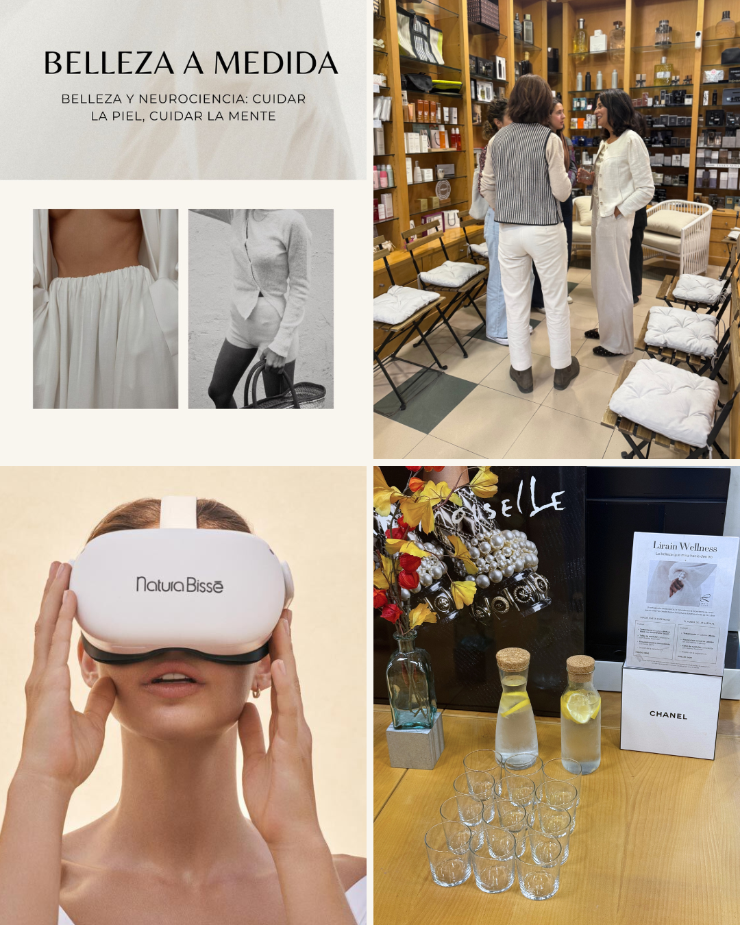 Collage de una presentación sobre belleza y neurociencia, una mujer con gafas de realidad virtual, una librería de productos de belleza y un espacio con vasos de agua con limón.