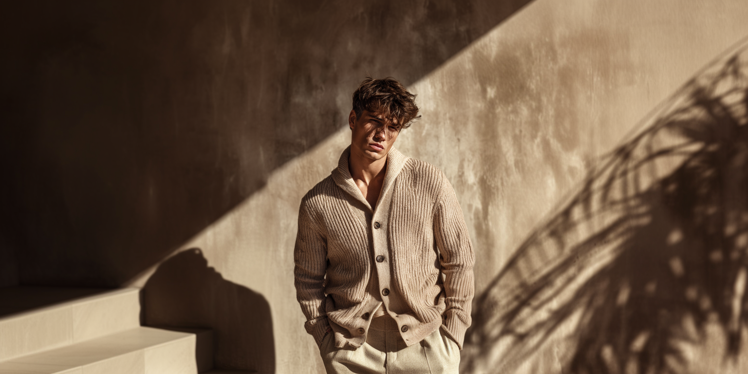 A young man with tousled hair stands against a textured wall, wearing a beige knit cardigan and pants, with hands in pockets, looking contemplative in warm sunlight casting shadows.