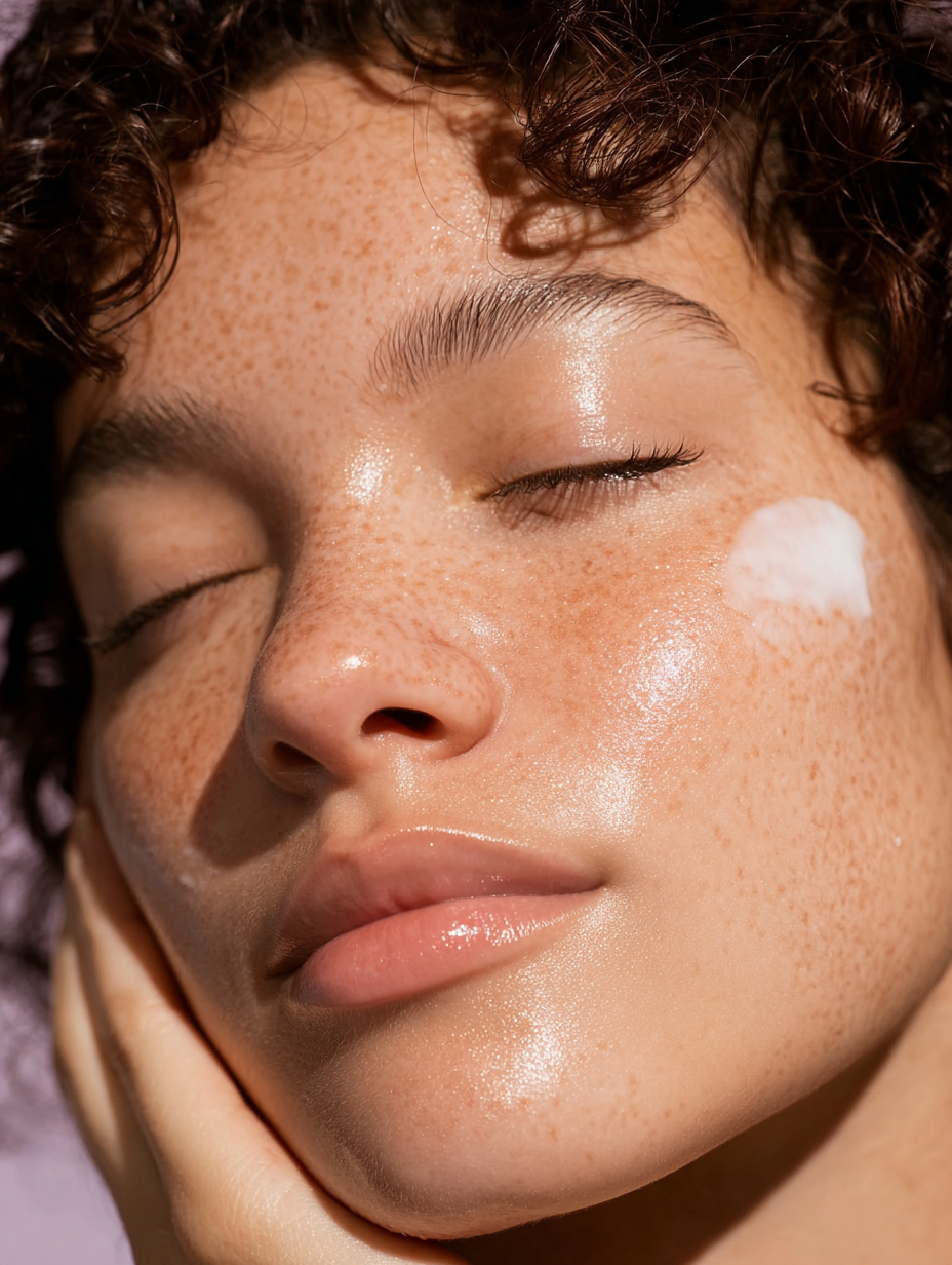 Close-up of a young woman with dewy, freckled skin and closed eyes, applying a white skincare cream on her cheek.
