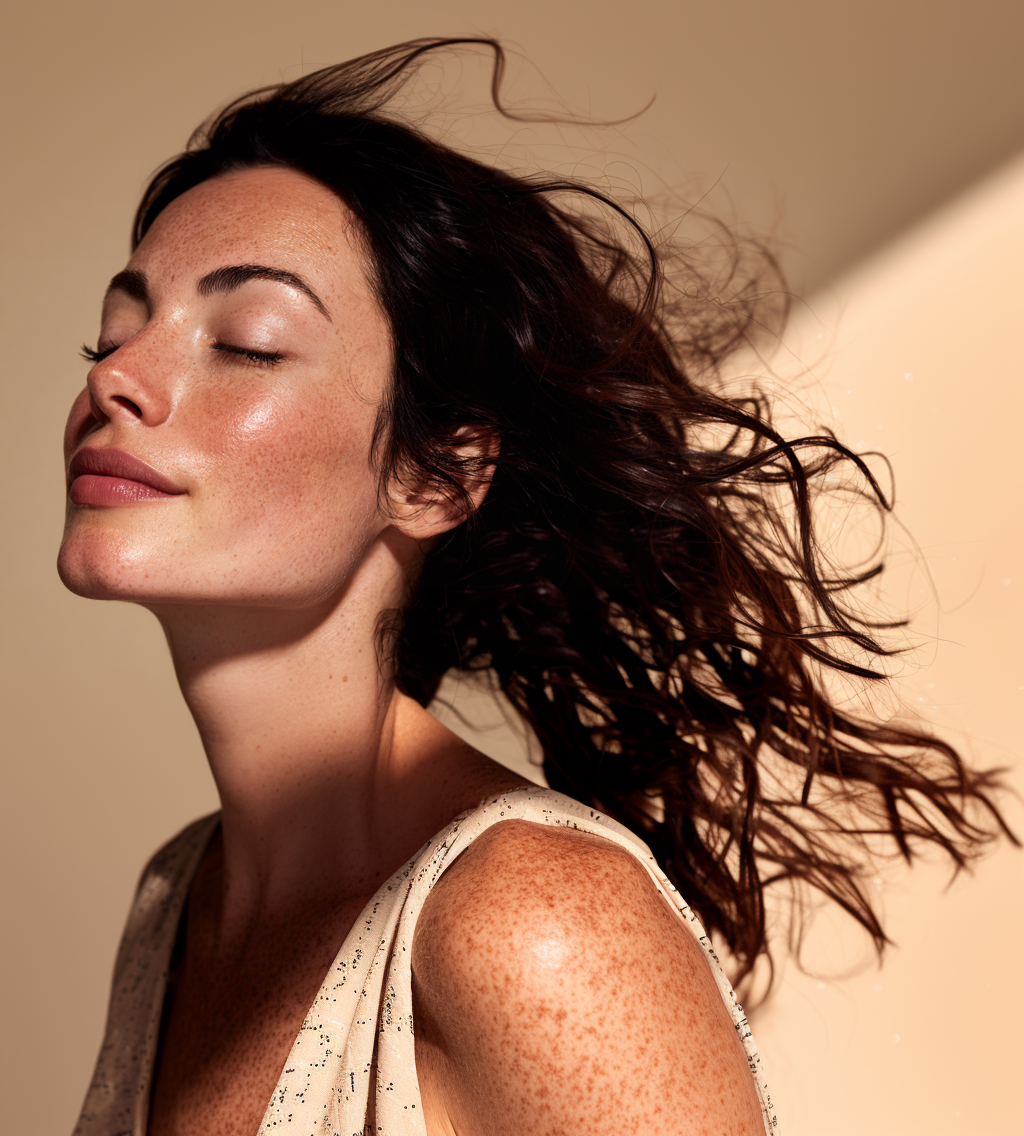 A woman with dark brown, curly hair and freckles on her face and shoulder, smiling softly with her eyes closed, against a beige background.