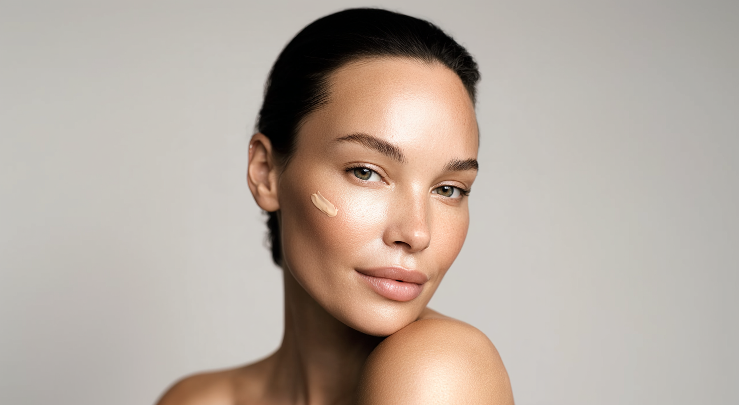 A woman with short dark hair and clear skin applying cream to her cheek.