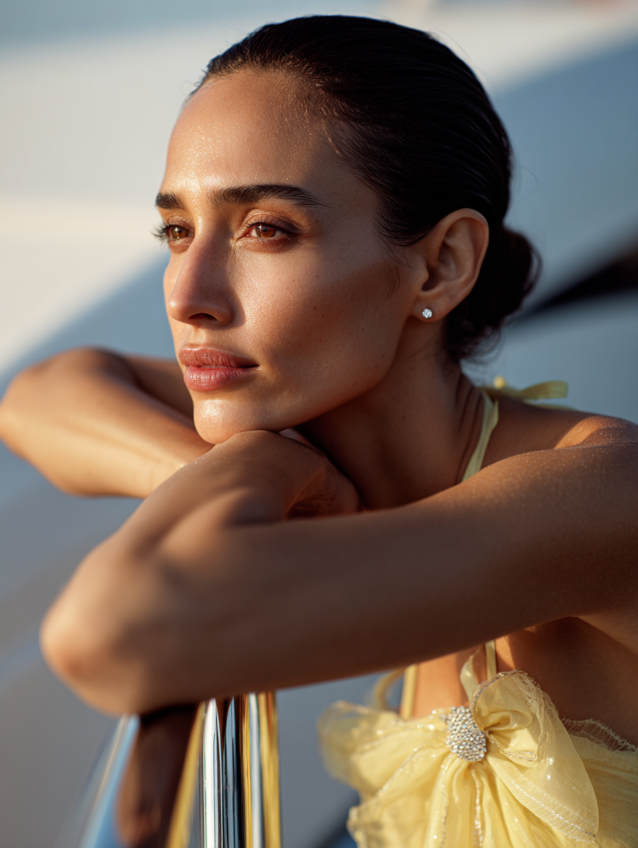 Close-up of a woman with wet hair and light makeup resting her chin on her arm, wearing a yellow dress with a bow detail, outdoors during golden hour.