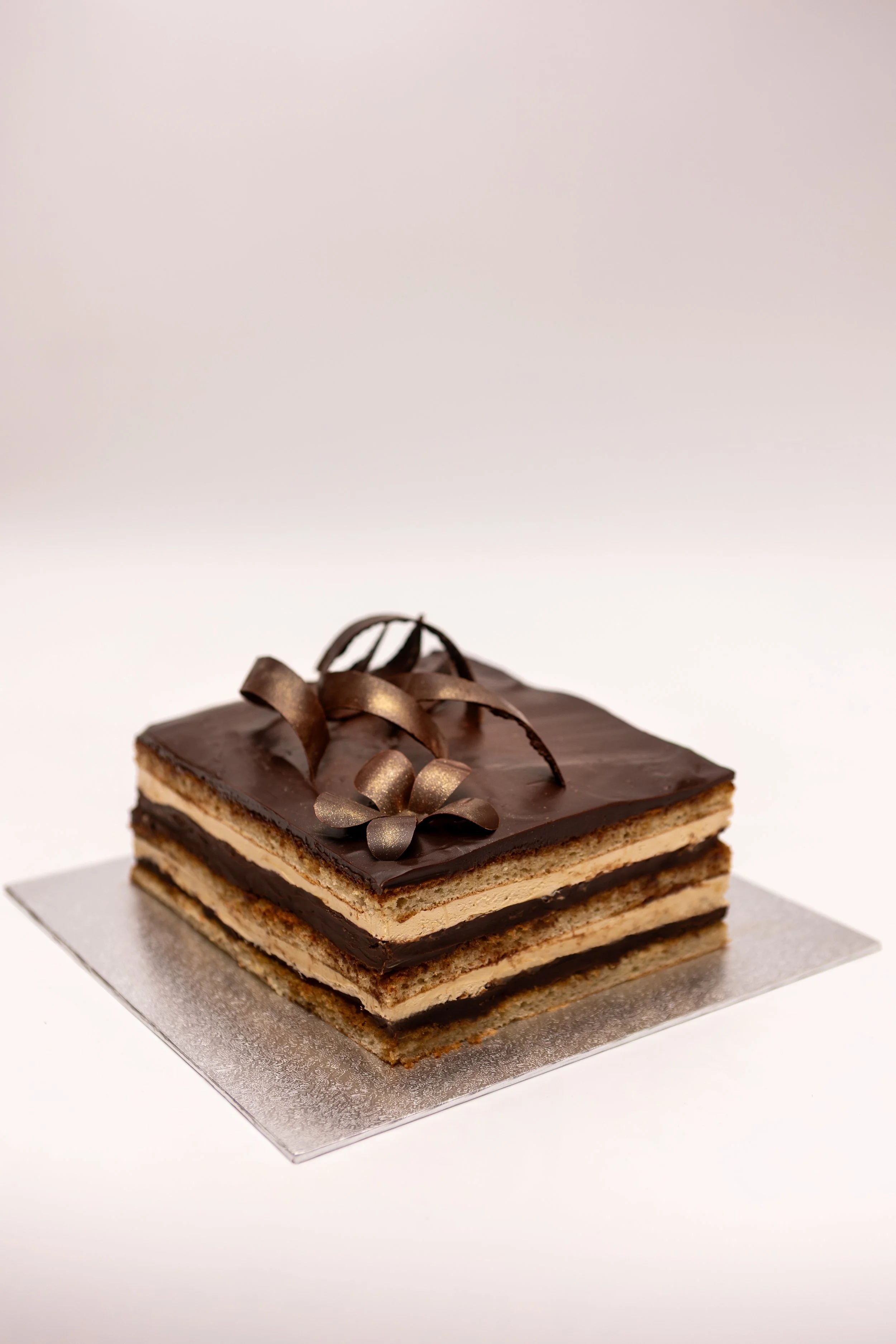 Professional food photography of classic French Opera cake with chocolate ganache, coffee buttercream layers and gold chocolate decoration.
