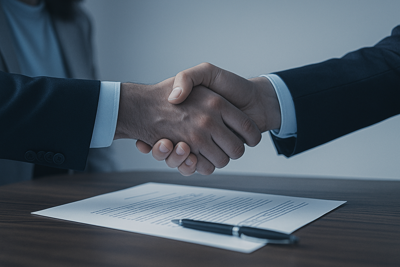 Two people in business suits shaking hands over a desk with a document and pen.