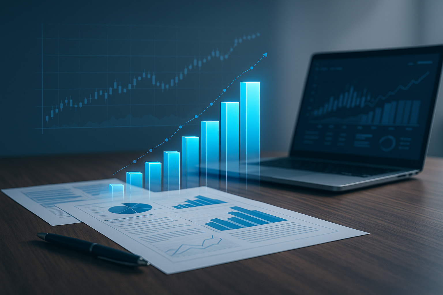 Business charts and graphs showing upward trends, a laptop with financial data, and papers with data visualizations, indicating financial growth and analysis.