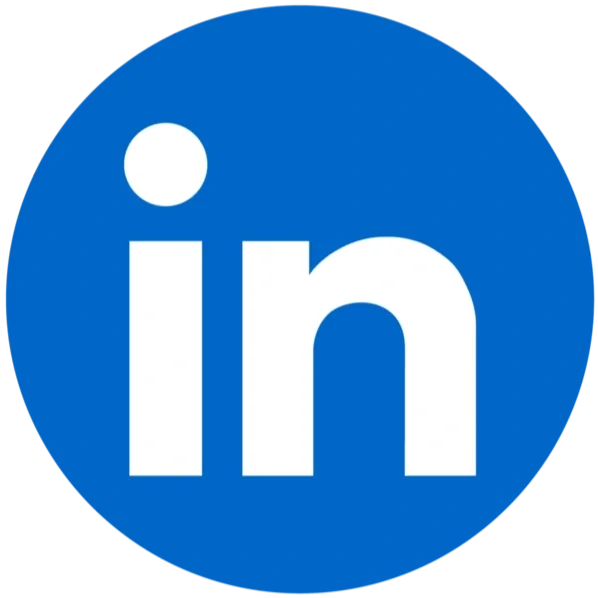 LinkedIn logo with white letters on a blue circular background.