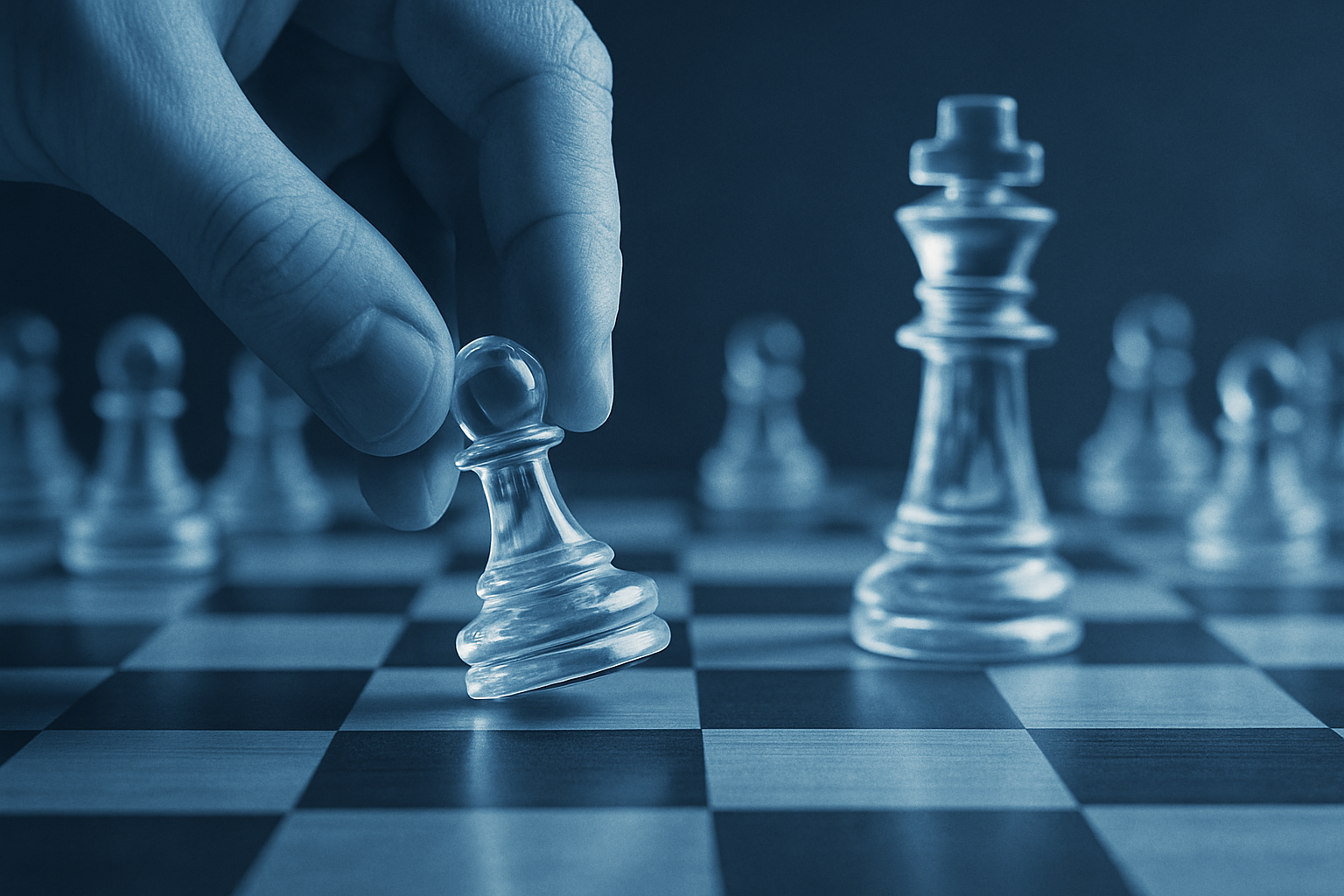 Glass chess pieces on a board with a hand making a move, symbolizing strategic decision-making in mergers and acquisitions advisory.