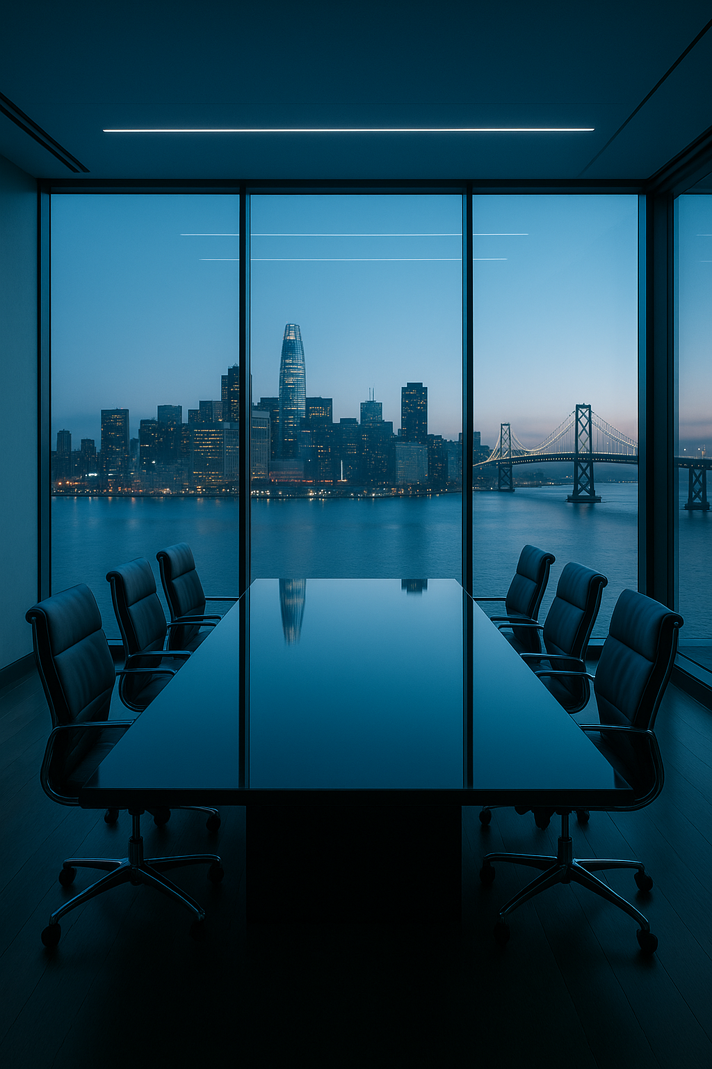 Empty conference room with a long table and eight chairs, large windows showing a city skyline and a bridge over water at dusk.