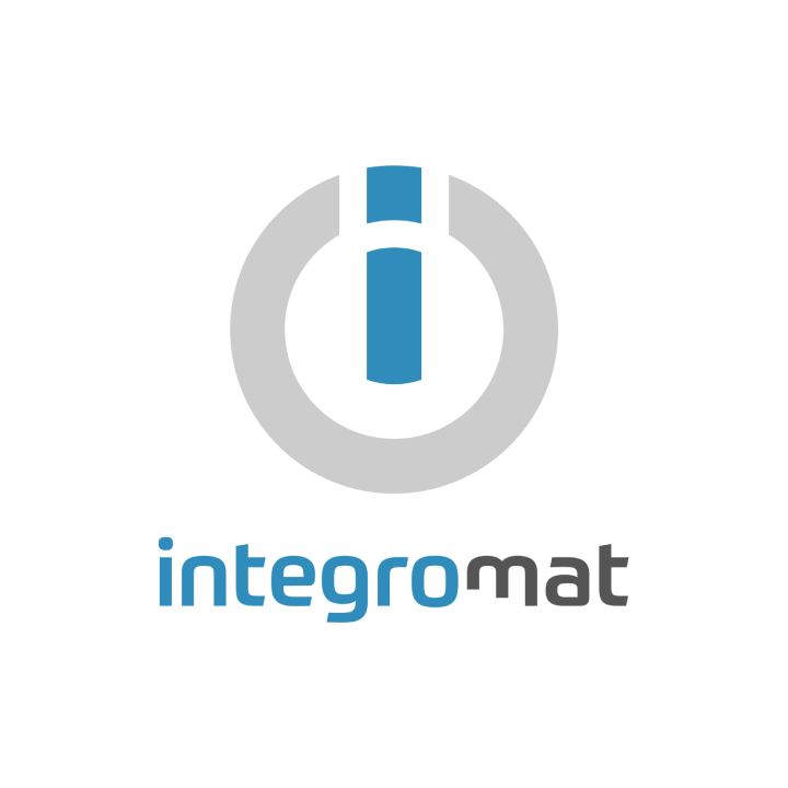 Logo of IntegroMat featuring a blue power button icon and the company name in blue and gray text.