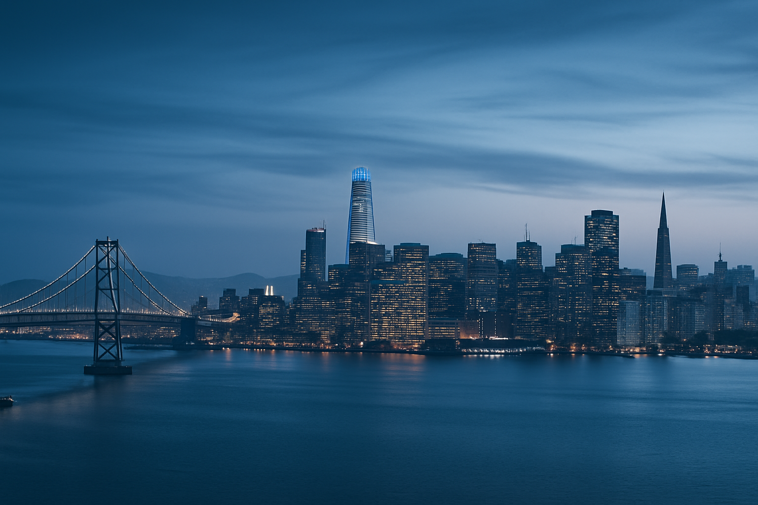 Nighttime view of San Francisco skyline with city lights, the Bay Bridge, and the Salesforce Tower, under a cloudy sky.
