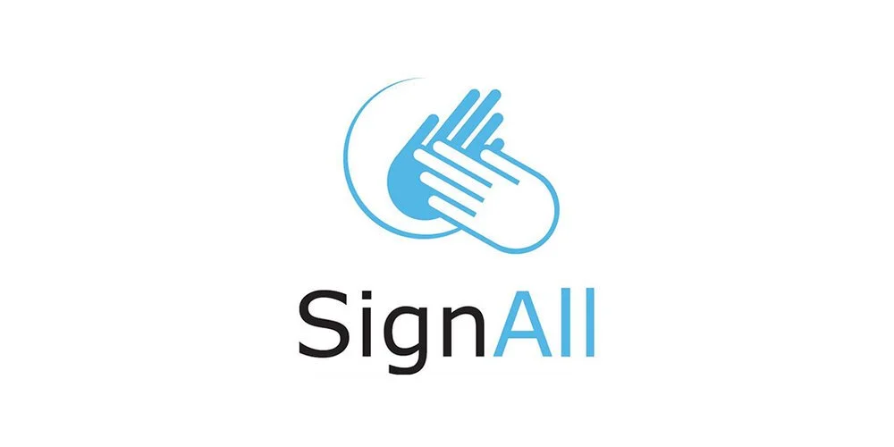 Logo of SignAll with two stylized hands shaking inside a circle and the text 'SignAll' underneath.