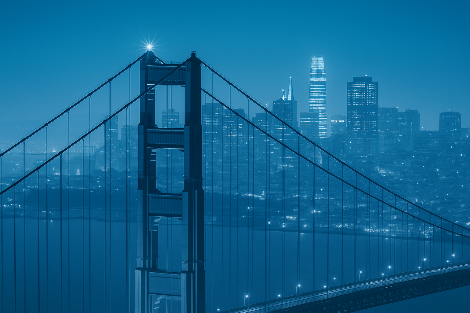 Nighttime city skyline of San Francisco with the Golden Gate Bridge in the foreground, illuminated skyscrapers in the background, and a clear sky.