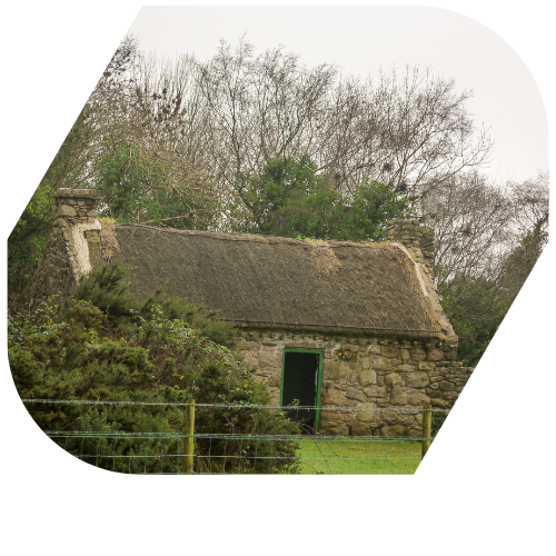 A small stone cottage with a thatched roof, surrounded by trees and bushes.