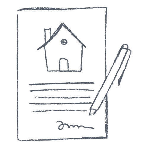 Drawing of a house and a pen on a piece of paper with lines of text and a signature.