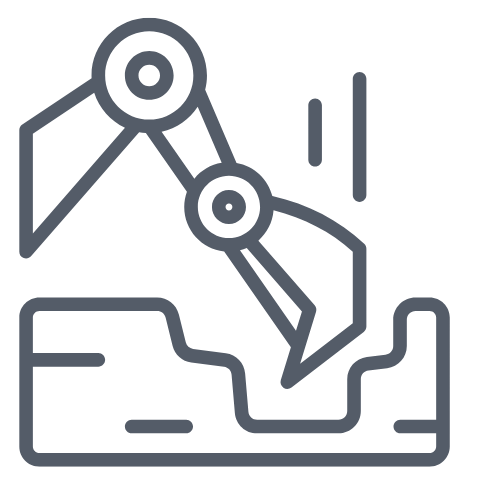 Line drawing of an excavator digging into the ground with a bucket attached to an articulated arm