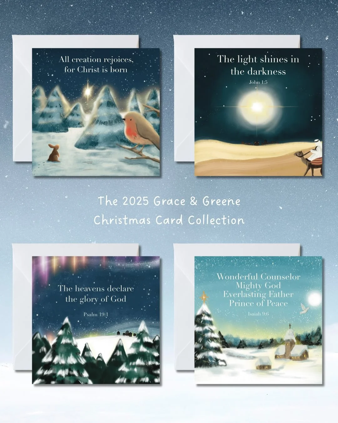 The 2025 Grace &amp; Greene Christmas Card Collection is finally here 🎄✨ Every design shares a different part of the Christmas story:

Light in the darkness
Peace on earth
All creation rejoicing
The heavens declaring His glory

Do you have a favouri