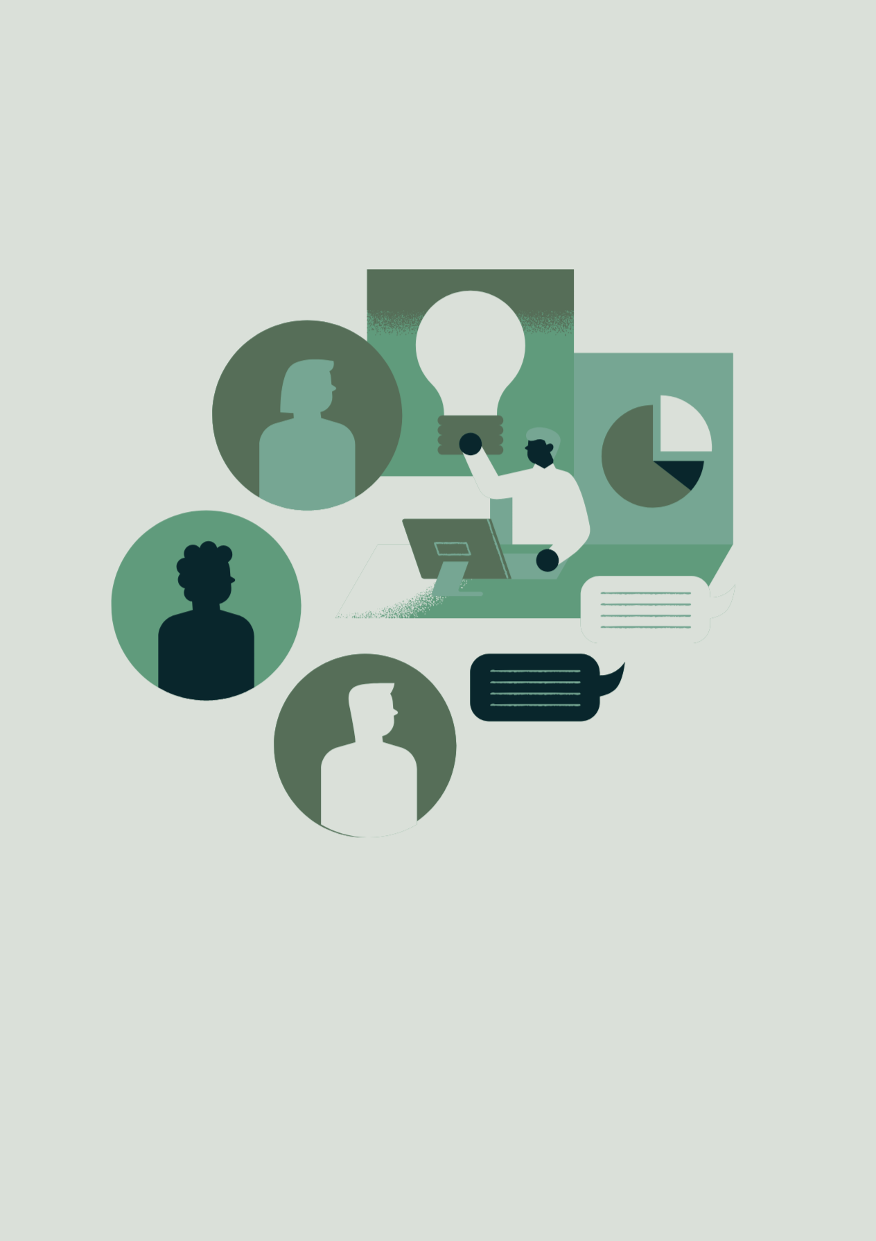 Illustration of a person working on a computer with multiple speech bubbles, profile icons, a lightbulb, and a pie chart around them, suggesting idea sharing and collaboration.