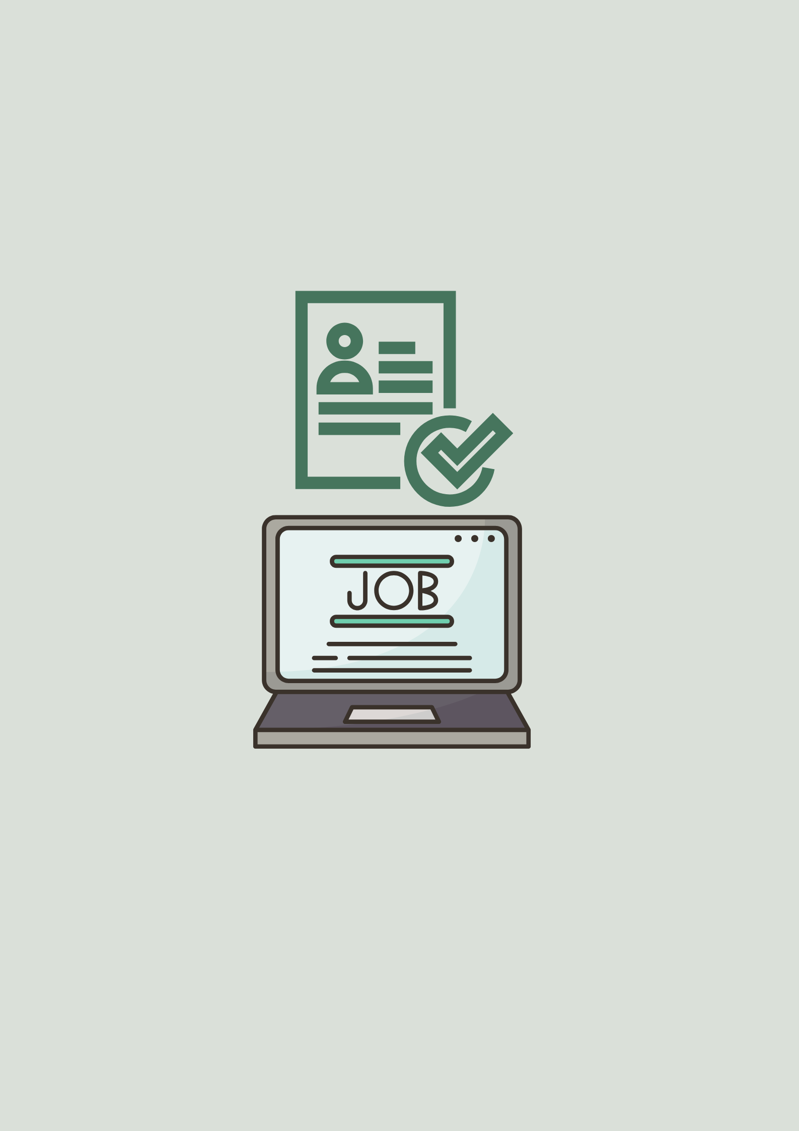 Digital illustration of a job application process, featuring a laptop displaying the word 'JOB', a resume with check mark, and a profile picture.