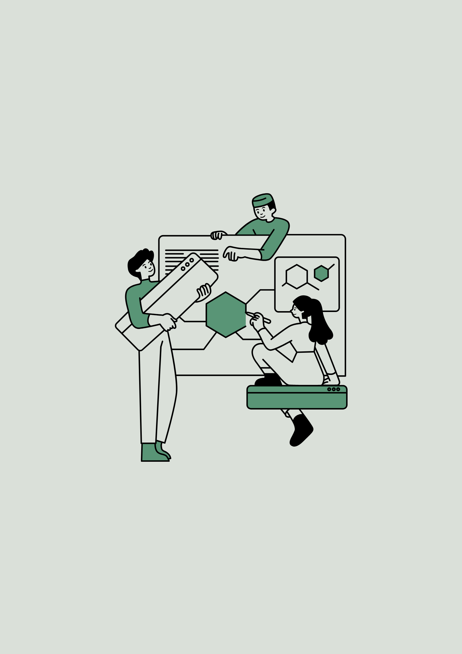 Illustration of three people analyzing data and charts on a board with hexagon shapes and graphs.