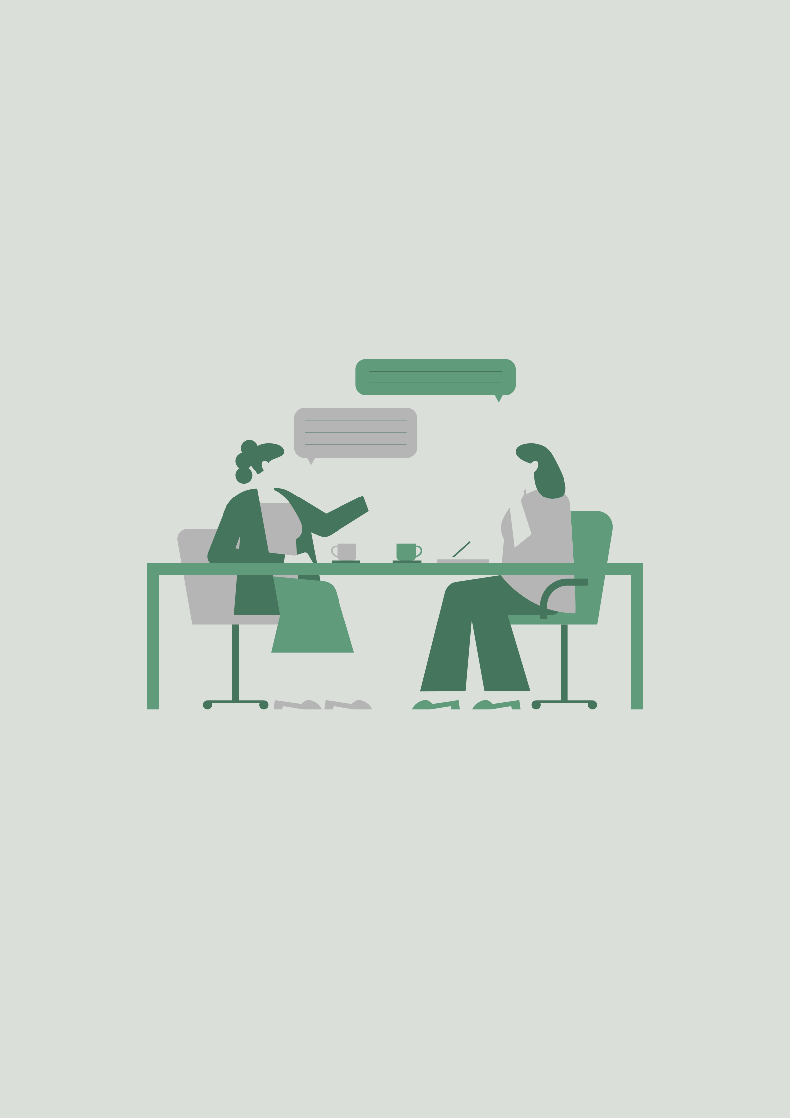 Two people having a conversation at a table in an office setting, with speech bubbles indicating dialogue, coffee cups on the table.
