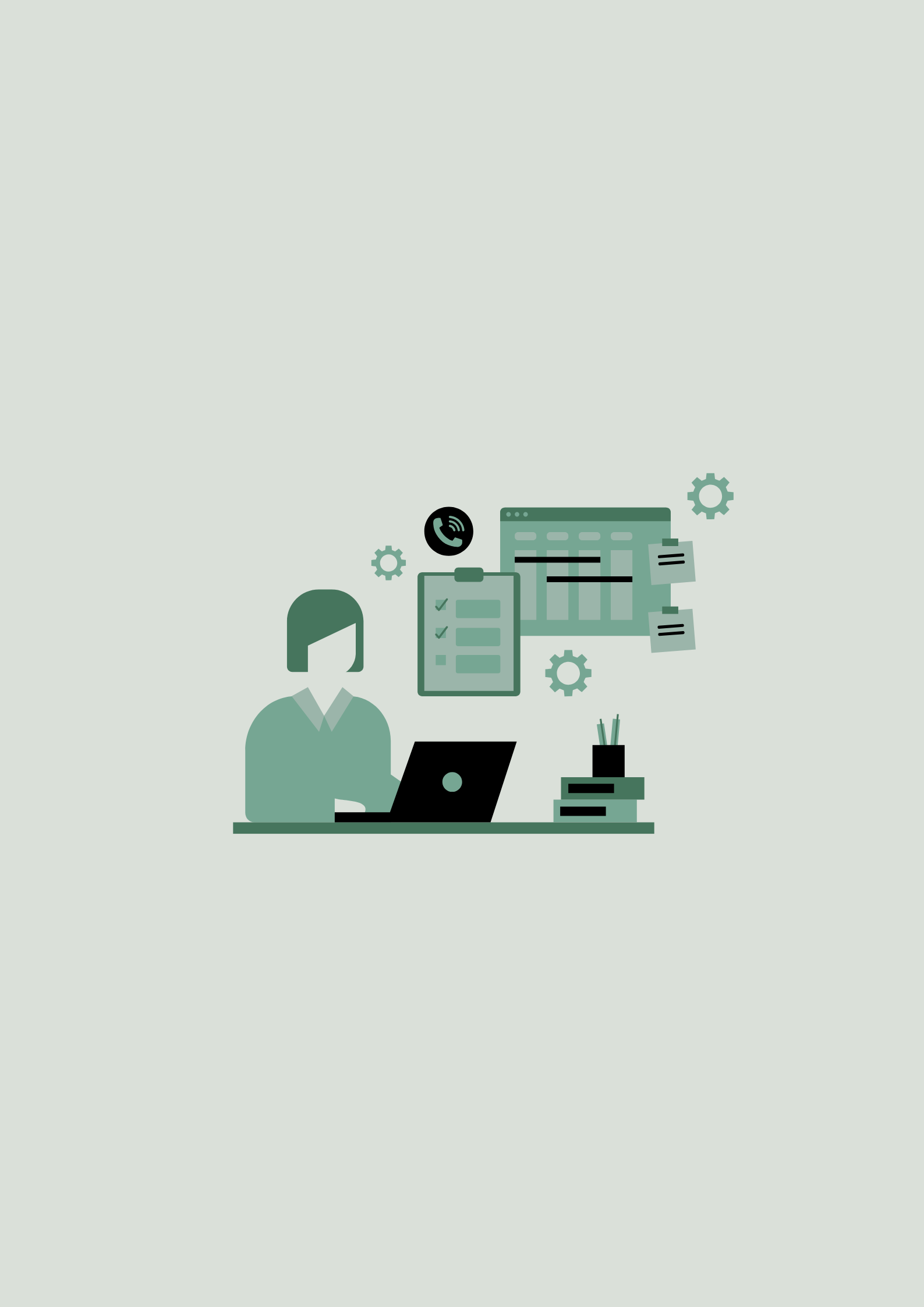 Illustration of a person working on a laptop, with charts, documents, a phone, and office supplies on the desk, representing remote work or office productivity.
