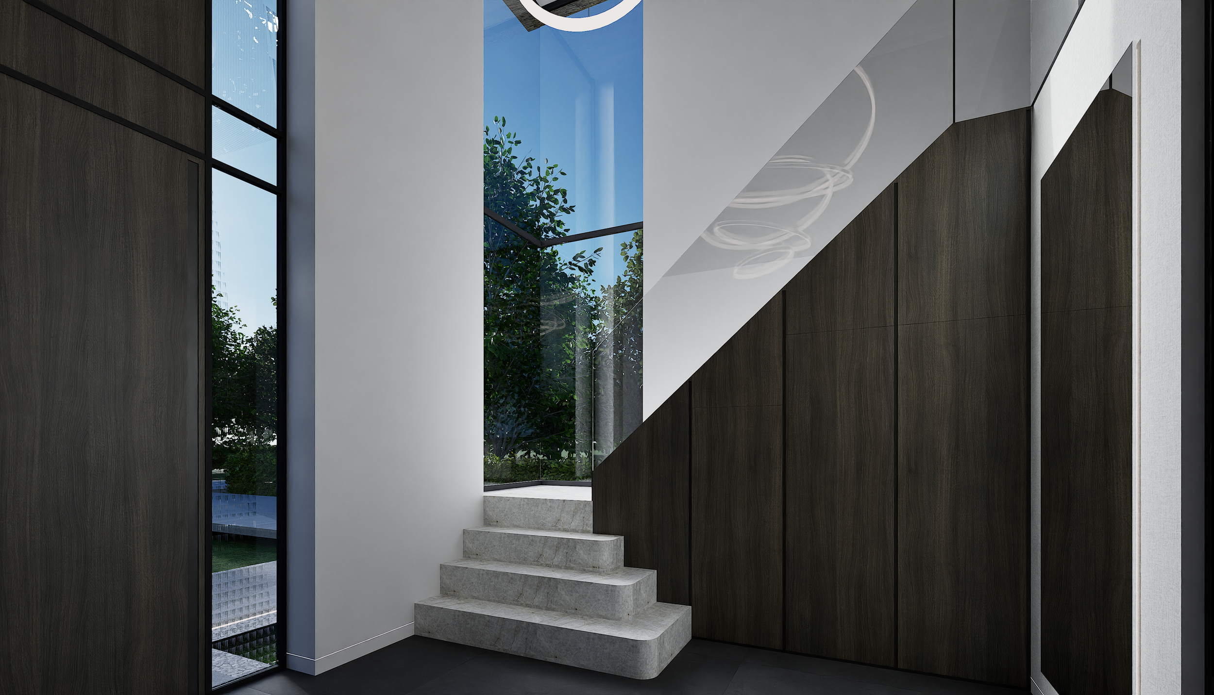 Interieur van een modern huis met een trap en grote ramen, veel natuurlijk licht en groene buitenomgeving.