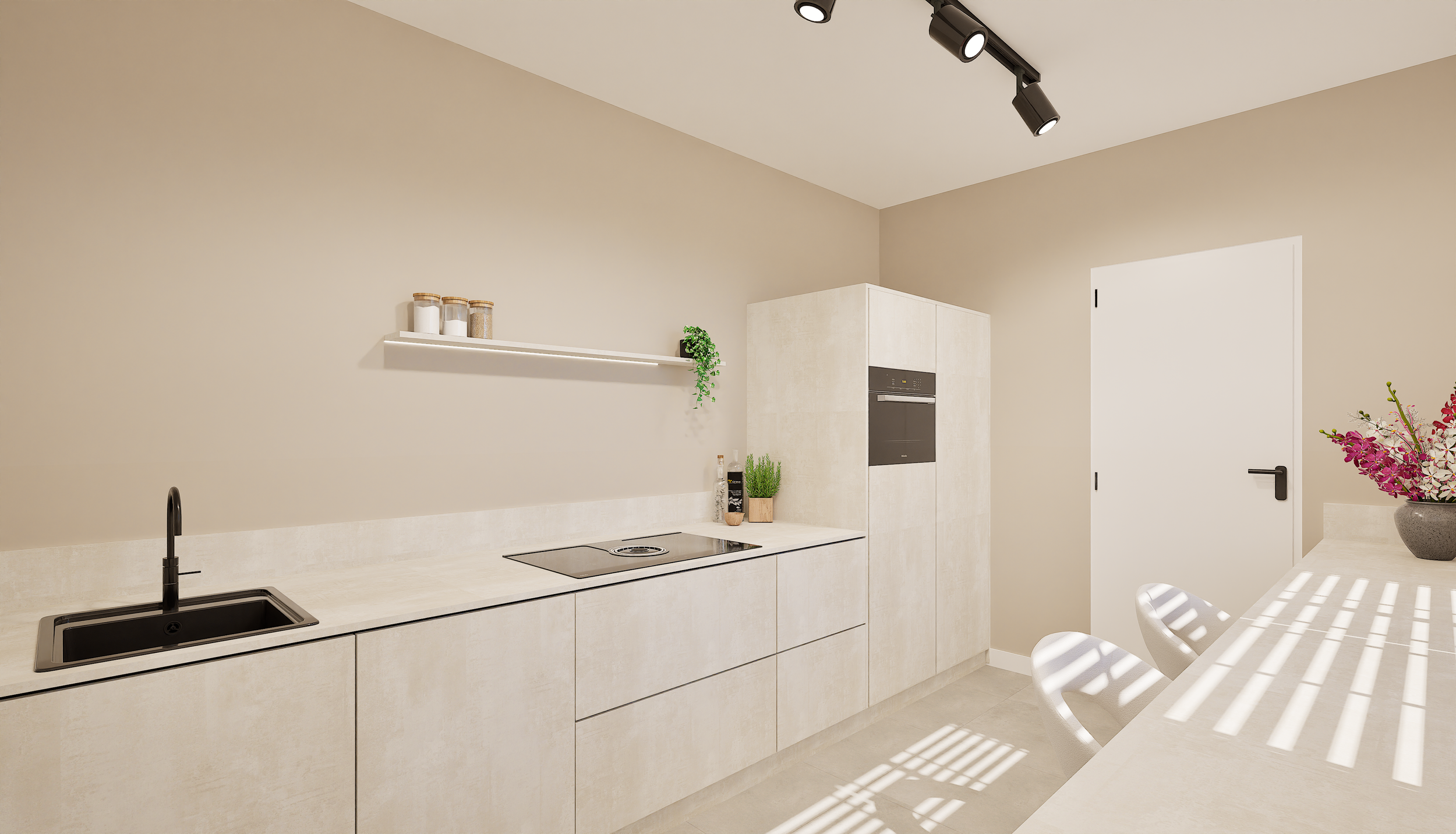 Minimalistische keuken met zwarte spoelbak, beige kasten, planten, en een witte tafel met bloemen, met zonnestralen die door de Vensterbank schijnen.