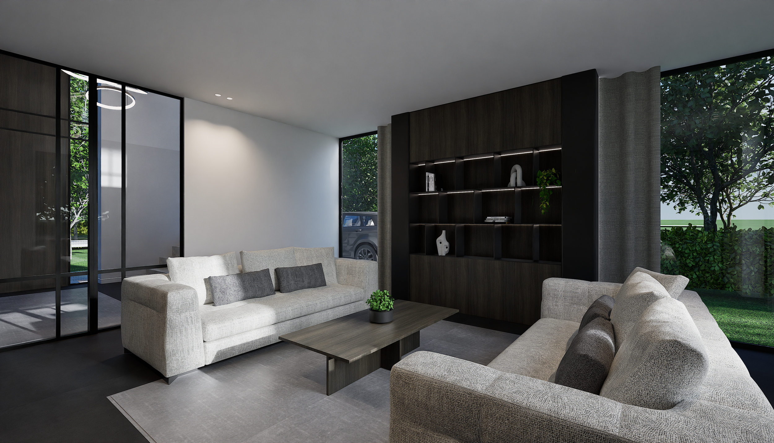 Modern woonkamer met twee lichte banken, een salontafel met plant, boekenkast en grote ramen met zicht op tuin.