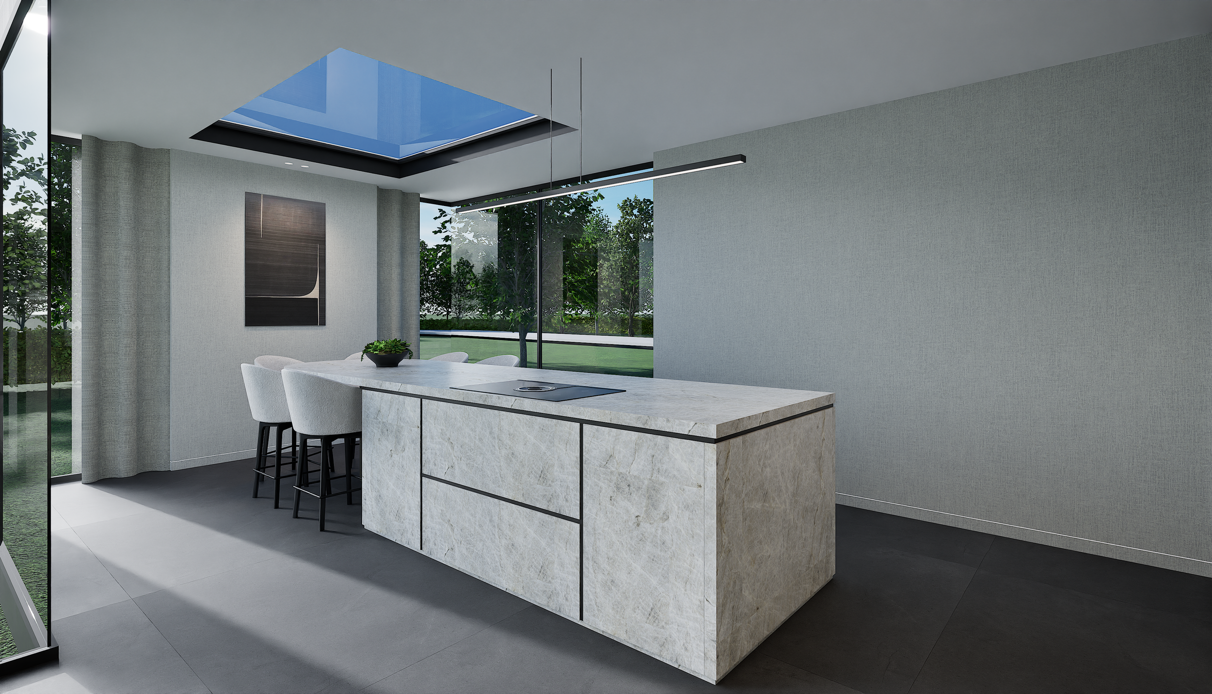 Modern keuken met marmeren eiland en uitzicht op groene tuin