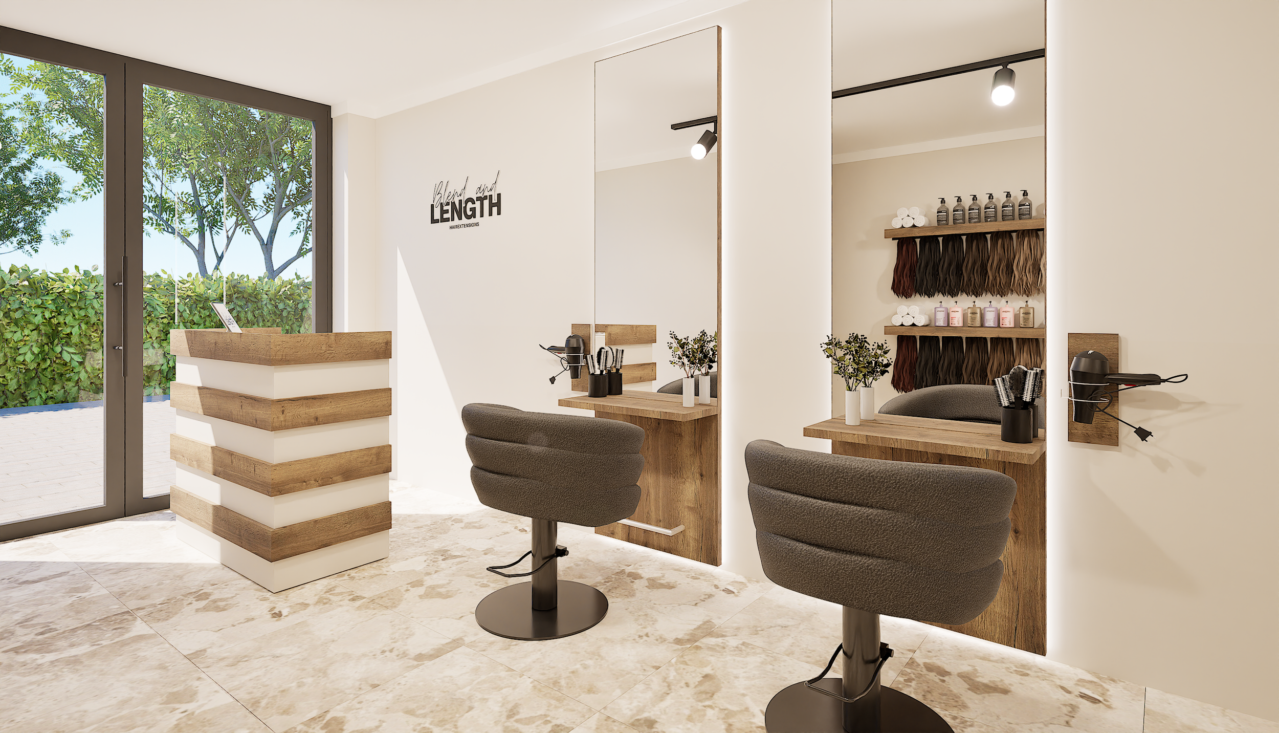 Interieur van een kapsalon met twee kappersstoelen, spiegels en haarproducten, naast een grote glazen deur met uitzicht op bomen.