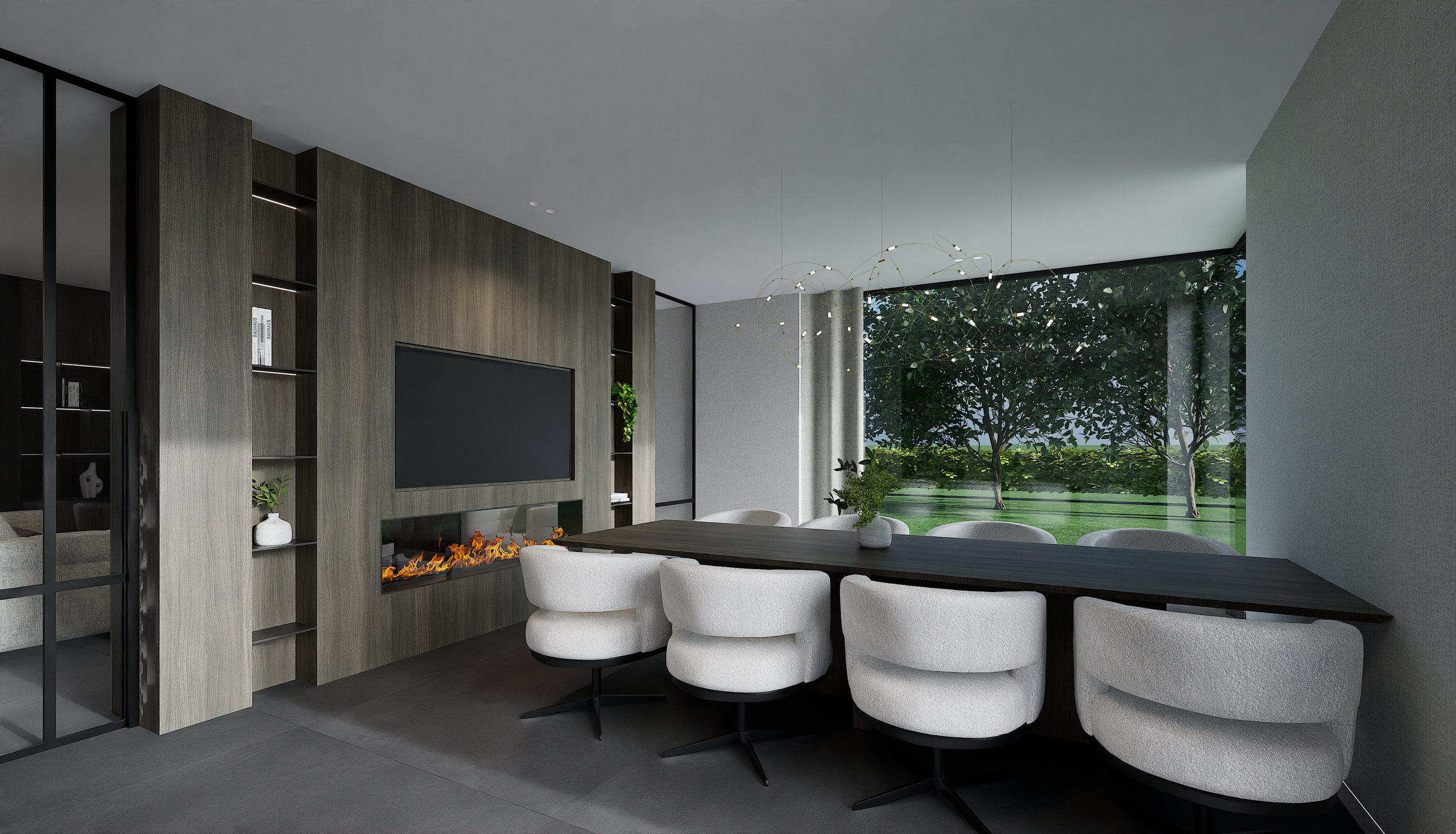 Een modern eetkamer met grote ramen, een zwarte tafel, witte velvet stoelen en een ingebouwde haard, uitzicht op een tuin met bomen.