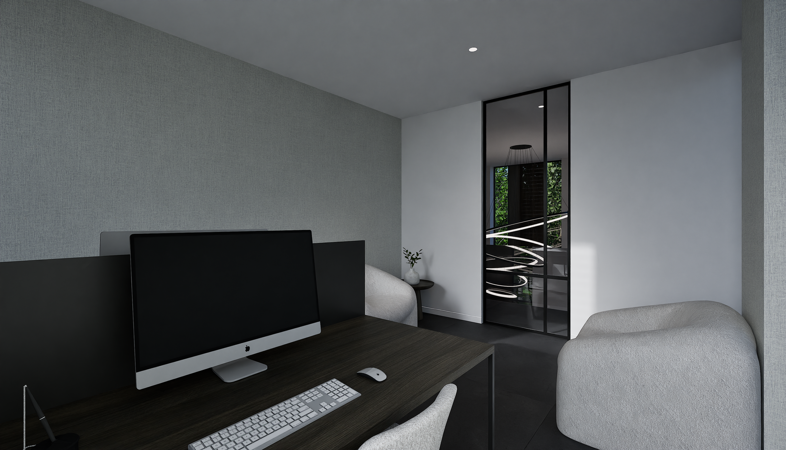 Moderne home office met computer, wand en decoratieve planten.